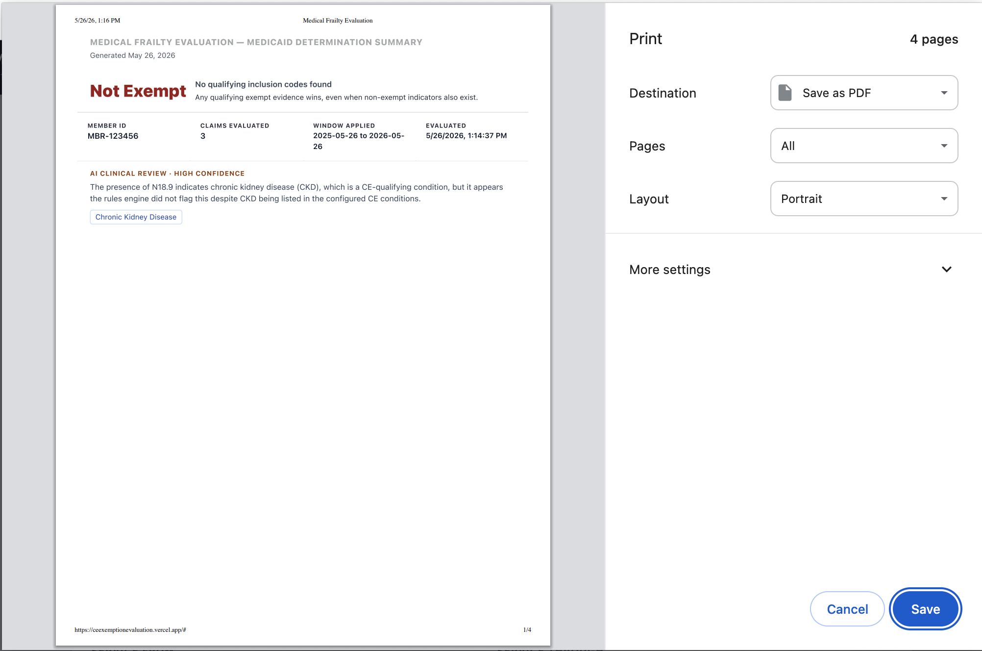 Printable Medical Frailty Evaluation Medicaid Determination Summary PDF including AI clinical review for audit records