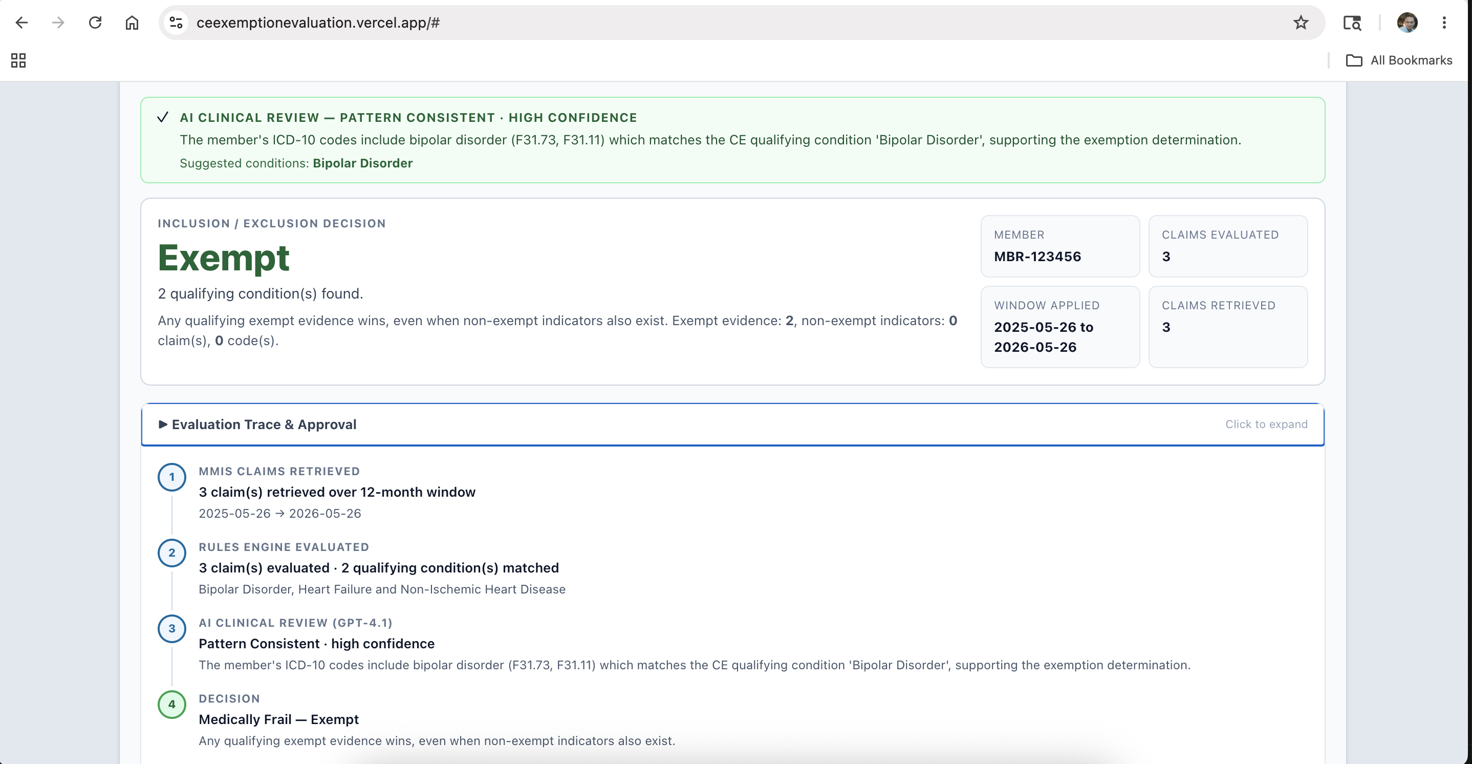 Medically frail exempt determination with AI clinical review and qualification evidence